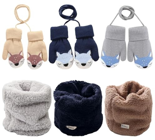 KIKAWORD 6 PCS Baby Boys Girls Winter Knitted Mittens and Round Scarves Set, Baby Mittens with String, Cute Fox Baby Gloves, Hanging on Neck Toddler Gloves with Furry Lining, 0-3 Years