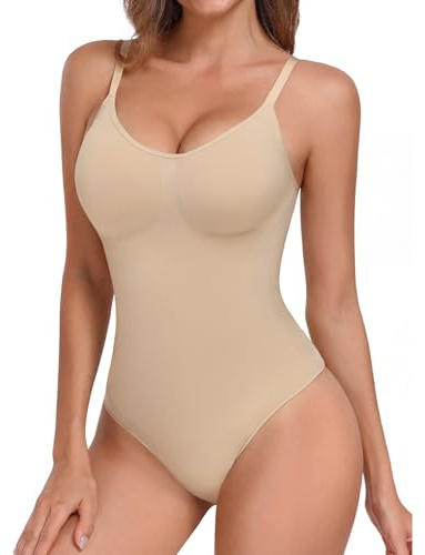Niwicee Body Gainant Femme Ventre Plat Gaine Amincissante Sculptante String Bodysuit Shaper avec Bretelles Réglable Minceur Invisible Shapewear (Beige,XL)