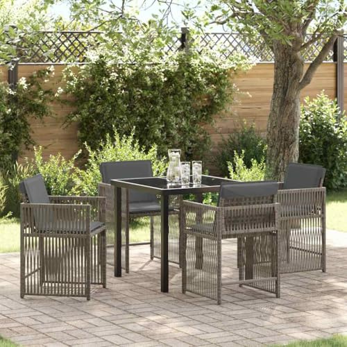 Frdhee Juego de muebles de jardín salón de jardín sofá grupo de asientos, jardín comedor 5 piezas gris poli ratán, adecuado para balcón, terraza, fácil de mantener
