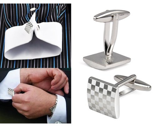 KINGQ Mens Silver Square Checkerboard Cufflinks