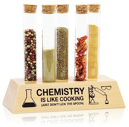 getDigital Reagenzglas Gewürzregal - Originelles Gewürz-Set mit 5 Glas-Röhrchen und Buchenholz Halter - Universal Kräuterregal im Labor-Design
