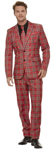 Smiffys Traje de tela escocesa, Rojo, con chaqueta, pantalón y corbata