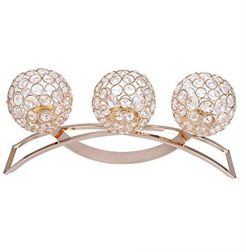 lyrlody Portacandele in Cristallo, 3 Bracci Classico Europeo in Ferro Sfera di Cristallo Cena Romantica a lume di Candela Candelabro Tavolo Nuziale Centrotavola per Compleanno