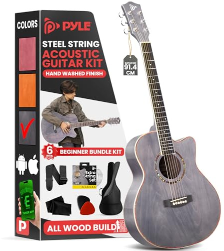 Pyle Kit Chitarra Acustica, Strumento a Corde in Acciaio di Dimensioni 3/4 Junior per Bambini Principianti, Adulti, 91 cm Grigio Opaco