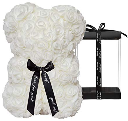 DuHouse Oso de Peluche Rosa Oso de Peluche Flor Caja de Regalo Negro para el Día de San Valentín, cumpleaños, Día de la Madre, Navidad, Aniversarios, Totalmente Hecho a Mano, 25,4 cm (Blanco)