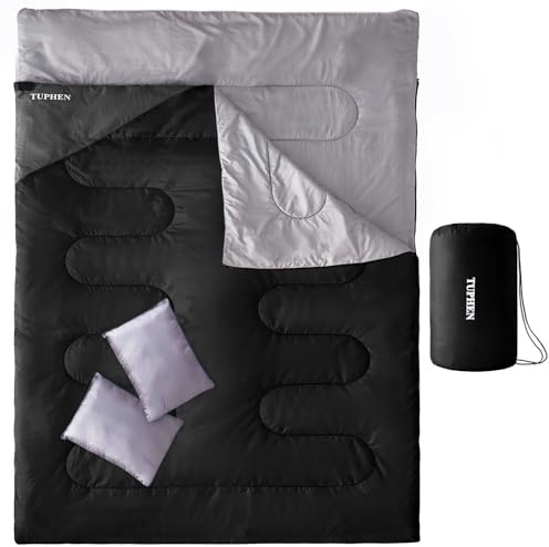 Tuphen Double Sleeping Bag with 2 Pillows, Queen Size XL Bag for 2 People, Cold Warm Weather- 3 Seasons, Waterproof Adults Sleeping Bag for Camping, Backpacking or Hiking