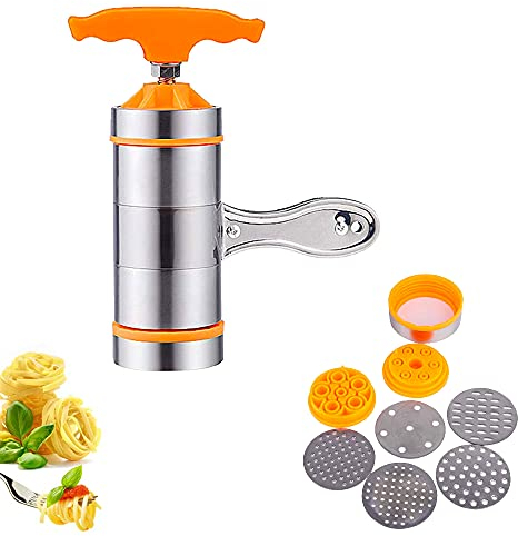 Máquinas para Pasta Manuales, Máquina Manual de Pasta, Acero Inoxidable Maquina Hacer Pasta Fresca, Con 7 Moldes, Utensilio de Acero Inoxidable para Hacer Fideos, Pasta, Vegetales y Prensar Fruta