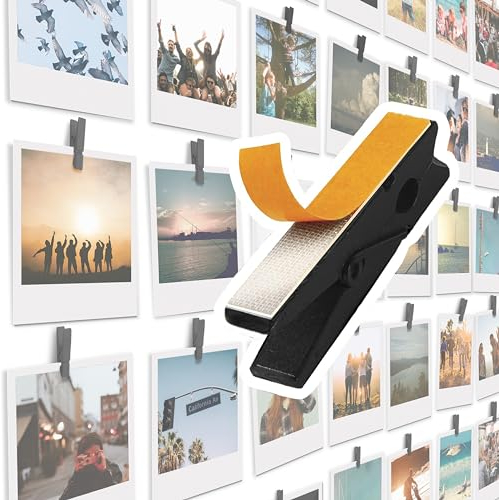 20 Stück Schwarzen Selbstklebende Bildklammern - Bilderrahmen, Fotowand Halter, Bilderrahmen mit Klammern und Leine, Fotorahmen, Fotovorhang, Postkartenhalter, Fotoseil, Fotohalter