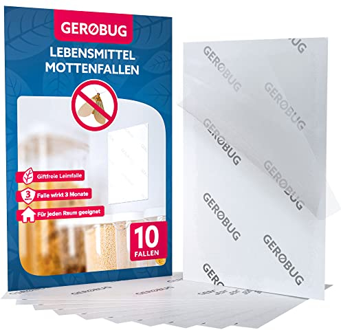 GEROBUG Lebensmittelmotten-Falle - 10 x geruchlose Pheromonfalle zum Fangen von Motten in allen Räumen - insektizidfreie Lebensmittel-Mottenfalle mit über 12 Wochen Langzeitwirkung