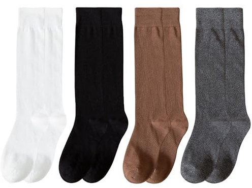 Paquete de Cuatro Niñas Mujer Calcetines Hasta la Rodilla Calcetines Básico para Traje de Lolita Uniforme Escolar Moda Estilo Highstreet Retro Vintage 35-39 - Blanco & Negro & Gris Oscuro & Café