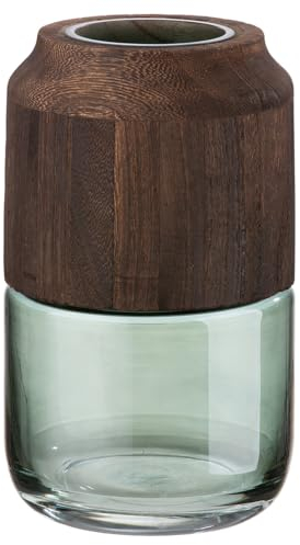 GILDE Deko Vase Glasvase - aus Glas und Holz - Deko Herbst Wohnzimmer Geschenk für Frauen - Farben: braun grün - Höhe 23,5 cm
