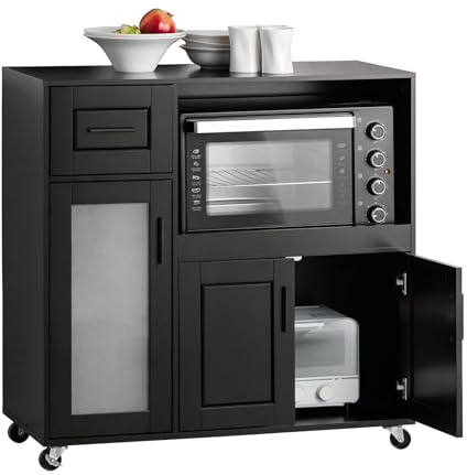 SoBuy Credenza Cucina Salvaspazio con Ruote, Mobile Cucina con Vano Microonde, Cassetto e Ante, Mobile Credenza Buffet Soggiorno Sideboard, Mobile da Cucina e Ingresso Nero 89 x 40 x 89.2 cm FSB78-SCH