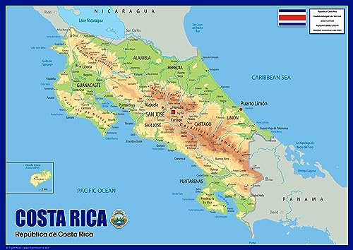 Mapa físico de Costa Rica - The Oxford Collection - Tamaño A2 - Papel laminado