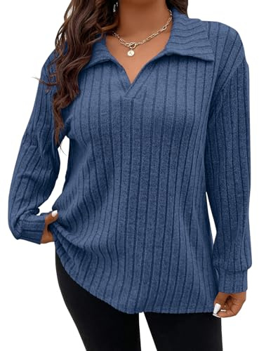 Gemulate Plus Size Long Sleeve Tops for Women Ladies Lightweight Striped Oversized Clothes Sweater Polo v neck Tshirts Sweatshirts Royal Blue XXL