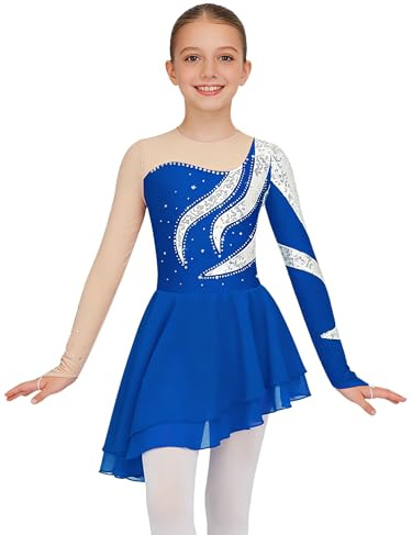 Miaeowve Kürkleider Eiskunstlauf Mädchen Kleid Kinder Strass Glitzer Tanzkleid Langarm Patchwork Ballett Body Mit Asymetrisch Chiffon Rock Tanzkostüm