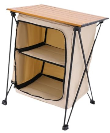 Folding Camping Storage Cabinet, Easy to Assemble, Lightweight 2 Tier Storage Organizer, Cooking Table, Beige