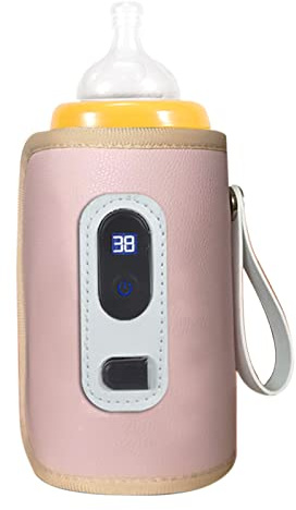 Calentador de biberones portátil con indicador LED, ajuste de temperatura, calentador de leche para bebés para viajes en coche (rosa)