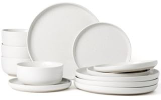 Richmount Milkyway Plates and Bowls Set, 12 Piece Dinner Set, Speckled Stoneware Dinner Set for 4, Chip and Scratch Resistant Dinnerware Sets, Dishwasher & Microwave Safe, White
