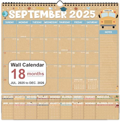 36AQUA Wall Calendar 2025–2026 (11.5 x 15) – 18-Month Monthly Kraft Background Calendar from July 2025 to December 2026 – Hanging Hook, Twin-Wire Binding–for Home Office or School Planning