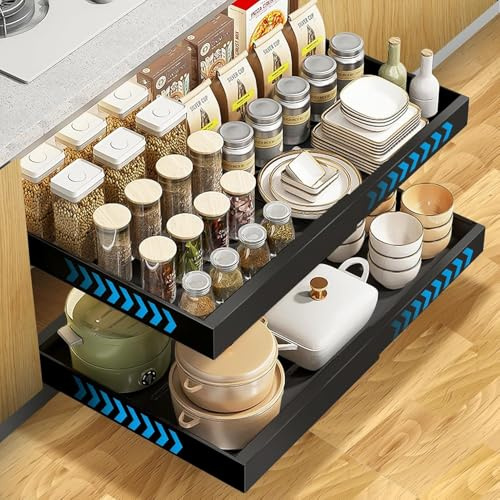 EOJDDPA 2 cajones telescópicos con sistema de rieles, cajones extensibles para cocina sin taladrar, ancho ajustable 42,5-68 cm, organizador de cocina universal extra estable y resistente, color negro