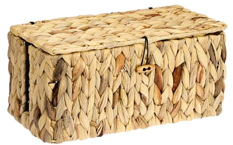 BSTKEY Water Hyacinth Cord Storage Basket with Lid, Hand-woven Cable Management Storage Box Decorative Data Cable Basket Socket Holder with 2 Side Open Slots for Countertop Floor (Size L)