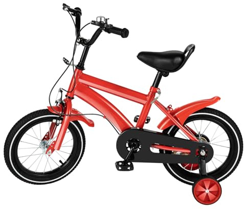 Mqwdxzfes 14 tums barncykel, justerbar cykel barn med stödhjul, säkerhetsbarncykel, pojkar flickor cykel dubbla bromsar pojkcykel för utbildning utomhus ridning, röd