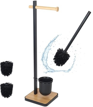Juego de baño Relaxdays, 67 x 18 x 18 cm, Acero y bambú, Soporte de Papel higiénico con escobilla, Color Negro/Natural