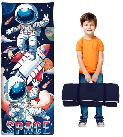 Sacco a Pelo per Bambini con Cuscino e Doppia Cerniera, 150x60 cm Nap Mat per Bambini, Ideale per Casa, Asilo, Scuola Materna e Campeggio, Astronauta spaziale