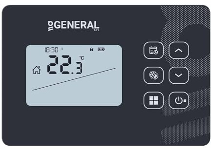 GENERAL Life Wireless Digital Room Thermostat, Black, RF Protocol, Programmable, HT340S, Wall-Mounted, 7-Day Control, Heating & Cooling, Temperature Sensor