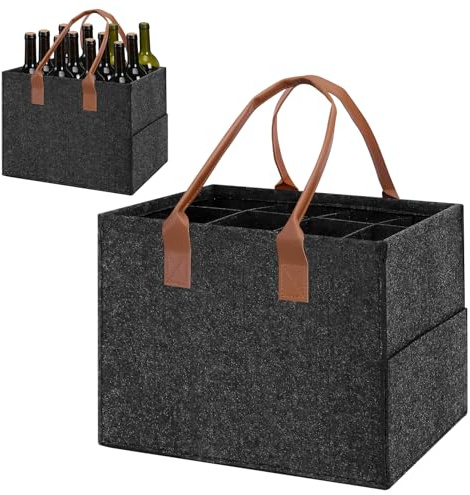 Mittimiya Portabotellas de Gran Capacidad para 12 Botellas, Bolsa de Fieltro con Asa de Cuero, Bolso Plegable para Hombre para Botellas de Cerveza, Vino, Bebidas y Agua (37 x 28 x 27 cm)