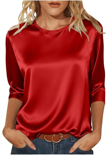 Chemise Satin Femme Chic Et Élégant Blouse en Satin Tee Shirt Manches 3/4 Grande Taille Ample Fluide Tunique Tops DéContracté Col Rond T-Shirt Hauts Chemisiers et Blouses pour Le Bureau et Travail