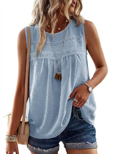 TUUHAW Vest Tops Women UK Summer Round Neck Sleeveless Shirts Casual Basic | Crochet Babydoll Blouses for Women, Flowy Tank, Boho Lace Tassel Clothing, Cute Bardot Tunic, Plain Ladies Business Beach