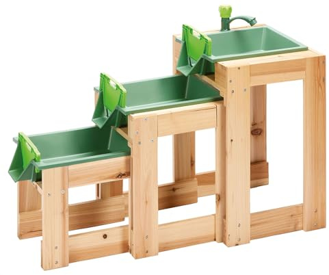ToyToyToy Wasserbahn 3 teilige Wasserstraße mit Holzgestell Wasserhahn Schleusen Schlauchanschluss