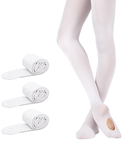 Bezioner Ballett Strumpfhose 3 Paar Cabrio Tanzstrumpfhose mit Fersenloch für Kinder Mädchen und Damen Weiß M (125–140 cm)