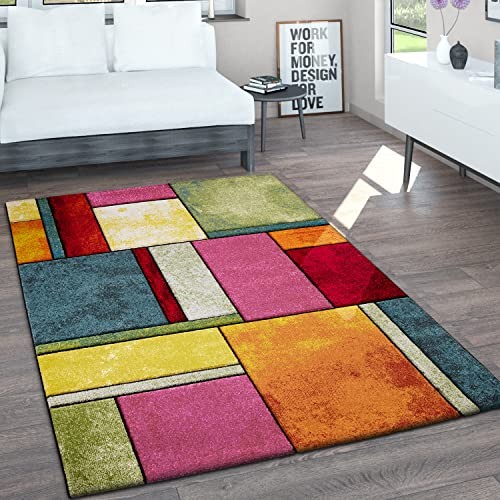 Paco Home Teppich Wohnzimmer Kurzflor Vintage Handgearbeiteter Konturenschnitt 3D Optik Meliert, Grösse:80x150 cm, Farbe:Bunt
