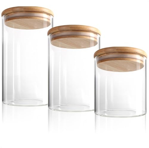 Robin Goods® Set di barattoli da 3 pezzi con coperchio in bambù - Barattoli per alimenti - Conservazione ermetica in vetro borosilicato rinforzato - 0.6L / 0.9L / 1.2L (03 pezzi - 600/900 / 1200ml)