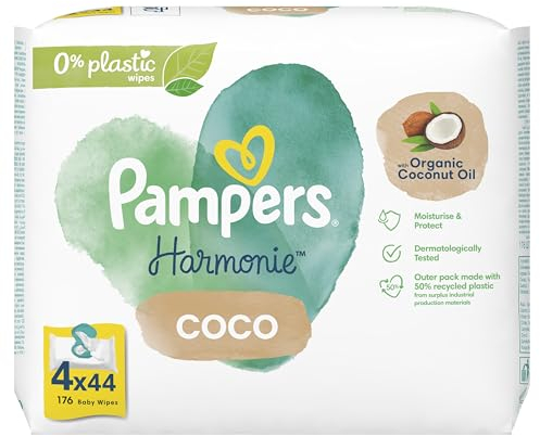 Pampers Harmonie Coco Baby Wipes Plastic Free 4 Packs = 176 Baby Wet Wipes