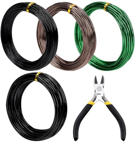 Tanstic Kit di fili per bonsai, in alluminio, 4 pezzi, 1-3 mm, nero/marrone/verde, con tronchese, T-1492-1493