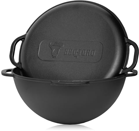 Kazan in ghisa con coperchio BBQ-Toro | 16 litri | Pentola tradizionale in ghisa | Kazan con base rotonda | Wok preseasoned | Casseruola per cucinare, brasare, friggere