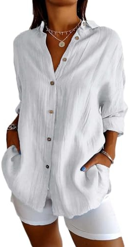 Onsoyours Chemise Femme Coton Chemisier Col en V Bouton Manches Longues Tops Couleur Unie LâChe Respirant T-Shirts Grande Taille Casual Tunique Blouse pour Le Bureau A Blanc 3XL