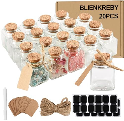 BLIENKREBY 20 Pezzi Barattolini Vetro Piccoli con Tappo Sughero, 50ml Vasetti Vetro Bomboniere, Quadrata Barattoli Flacone con Coperchio,Bomboniere Matrimonio,Natale,Battesimo, Decorazioni per Feste