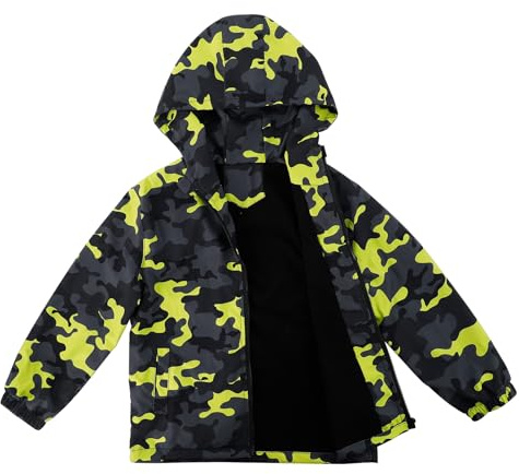 LACOFIA Chaqueta Impermeable para Niños con Forro Polar Cazadora Cortavientos Abrigos Cálida con Capucha Chubasquero Otoño/Invierno para Niños Camuflaje Verde 5-6 años