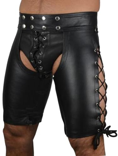 Latex Like Men's Shorts, Sexy Wetlook Leggings, Metallic Shiny Short Trousers, Slim Fit, Stretch, Lace-Up, PU Leather, Erotic Open Lingerie, Attractive Pants, Nightclub, Bar, Gay Outfits