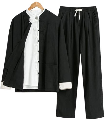 DAYKET Tai Chi Uniform für Herren, 3-teiliges Set, Kampfsportanzug aus Baumwolle und Leinen,Traditionelle Chinesische Kung-Fu-Kleidung, Langarmjacke + Hemd + Hosen-Set,Black-XL