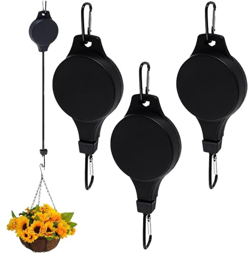 DONGZQAN 3 Pièces Crochets et Suspensions pour Plante, Panier à Fleurs à Poulie pour Plantes, Cintre de Plante à Poulie Rétractable, Crochets à Plantes Rétractables de 90 Cm de Long