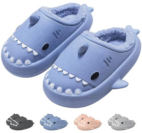 IDEINER Hiver Requin Chaussons Femme Homme Doublure en Peluche Pantoufles Winter Shark Slides Slippers Chauds Fermées Imperméables Antidérapantes Memoire Forme Chaussures Adulte Bleu Taille 36/37
