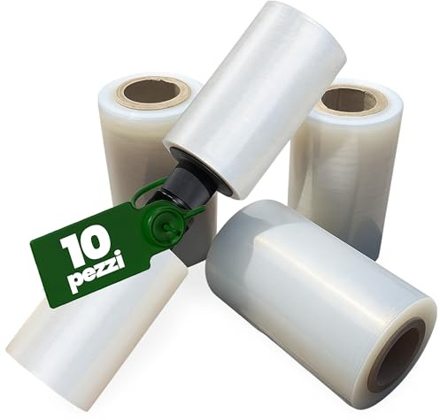 Plastisak - Pellicola Imballaggio Trasparente H 12,5 cm, Cellophane Estensibile Versatile per Pallet, Imballaggi e Copertura Igienica – Kit da 10 Rotoli e Manico Ergonomico