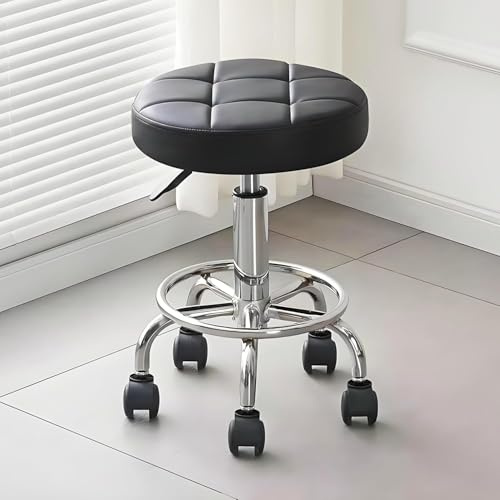 Jconly Tabouret de Bureau Pivotant avec roulettes, Siège Bureau Ergonomique en Cuir PU Noir - 46 à 60 cm Réglable en Hauteur Tabouret roulettes pour Fauteuil de Bureau, Salon, Coiffeur, Maison