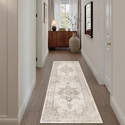 PureCozy Vintage Teppich Läufer Flur 60x180cm Beige Teppichläufer Waschbarer Weich rutschfest Carpet Lang Teppiche Küche Schlafzimmer Bettvorleger BüRo Kurzflor Tepich Carpet Living Room