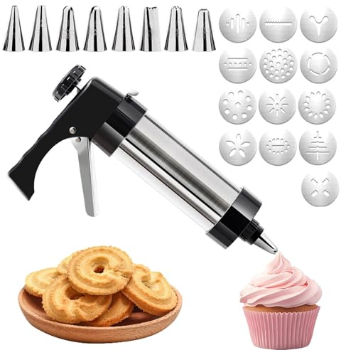 Pistolet à Patisserie, Presse à Pâtisserie en Acier Inoxydable, Machine à Biscuits, Presse à Biscuits Avec 13 Gabarits, 8 Douilles, Machine à Churros, Pistolet à Biscuits pour Gâteaux et Biscuit